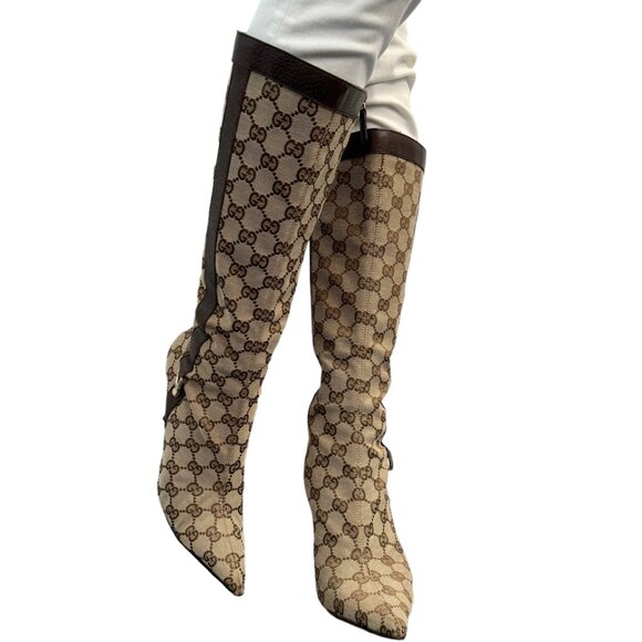 GUCCI Vintage GG Monogram Long Boots #36-37 Heels Zip Beige Brown [104064] - Picture 4 of 12